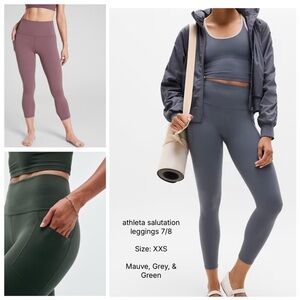 Athleta Salutation Leggings – XXS, High-Waisted 7/8 Length | 3 Pair Bundle